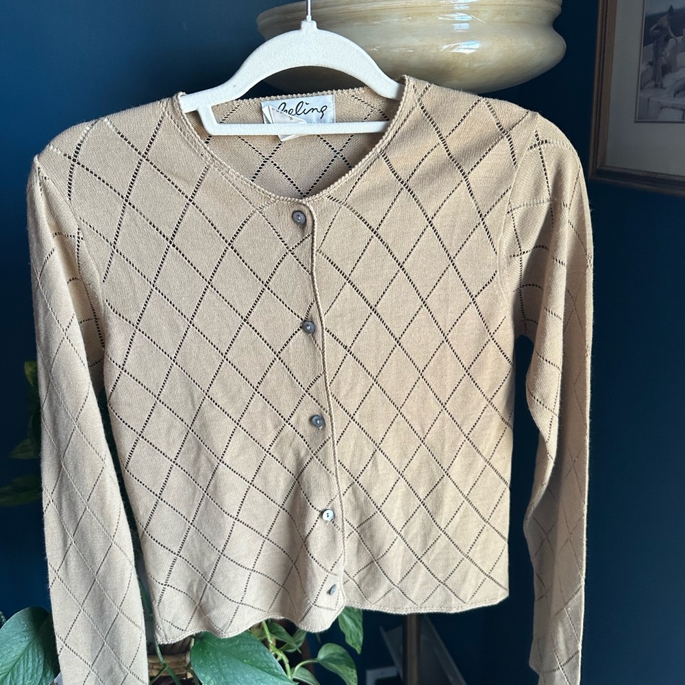Vintage knit Women's Tan Cardigan Sweater - Picture 2 of 5